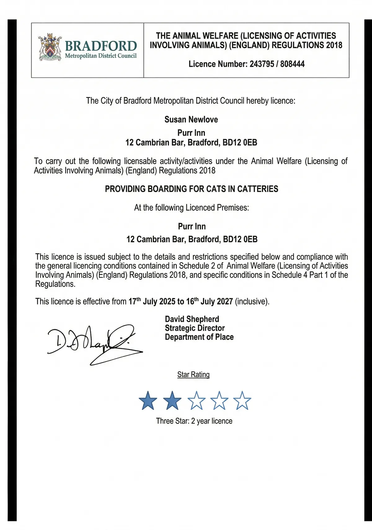Purr-inn animal boarding licence certificate